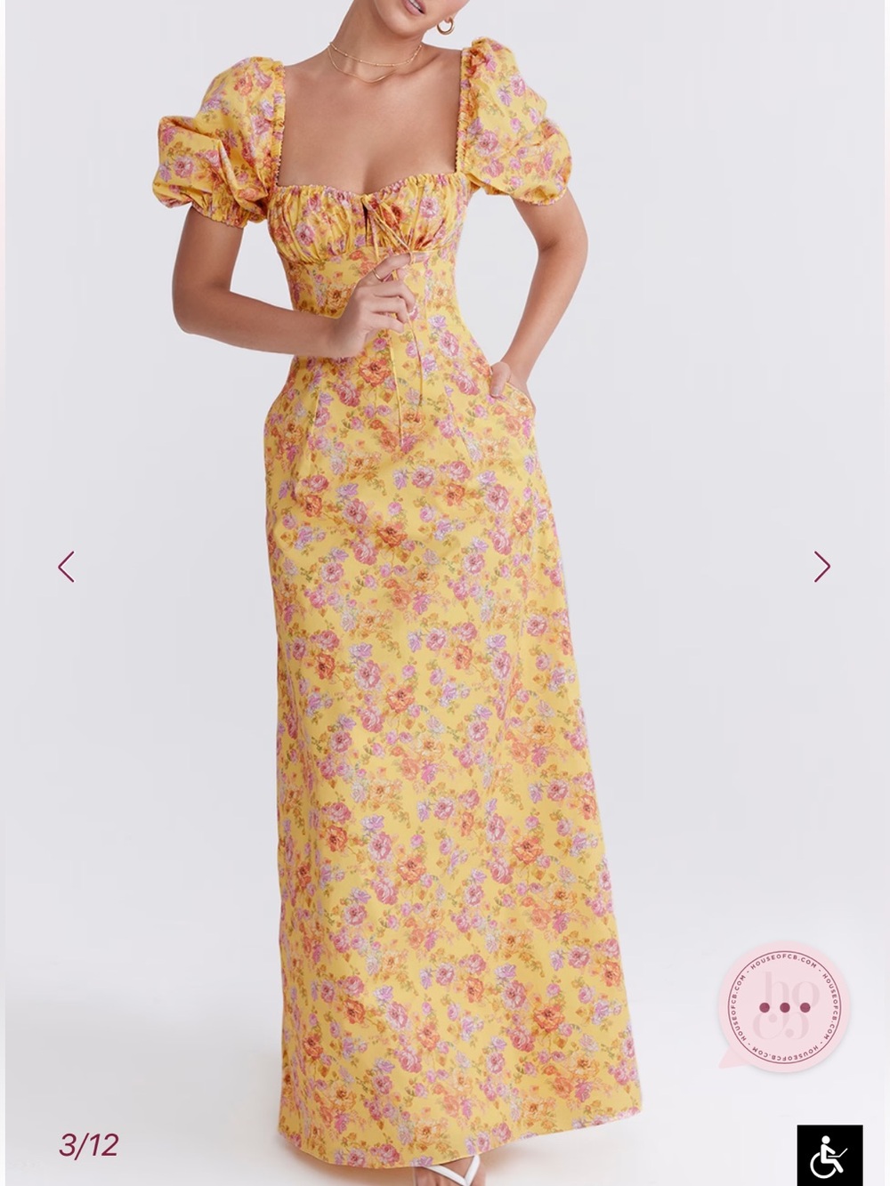 House of CB Yellow Floral Puff-Sleeve Maxi Dress with Sweetheart Bodice - Picture 3 of 13